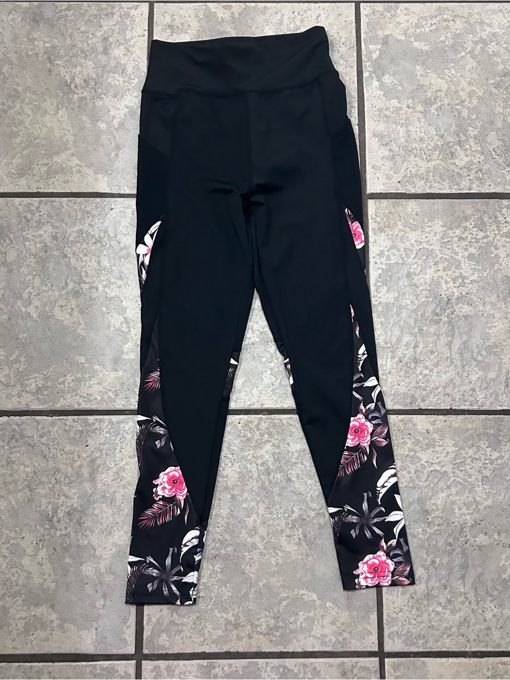 SHEIN Black Leggings with Pink Floral Side Panels